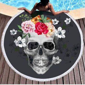 Round Pool Towel Skull Roses With Fringe 59 In